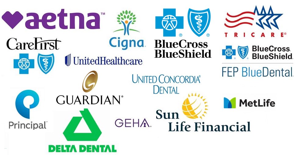 aetna, cigna, blue cross blue shield, Tricare, United Healthcare, United Concordial Dental, FEP Blue Dental, Principal, Guardian, Metlife, Delta Dental, GEHA, and Sun Life Financial Logos